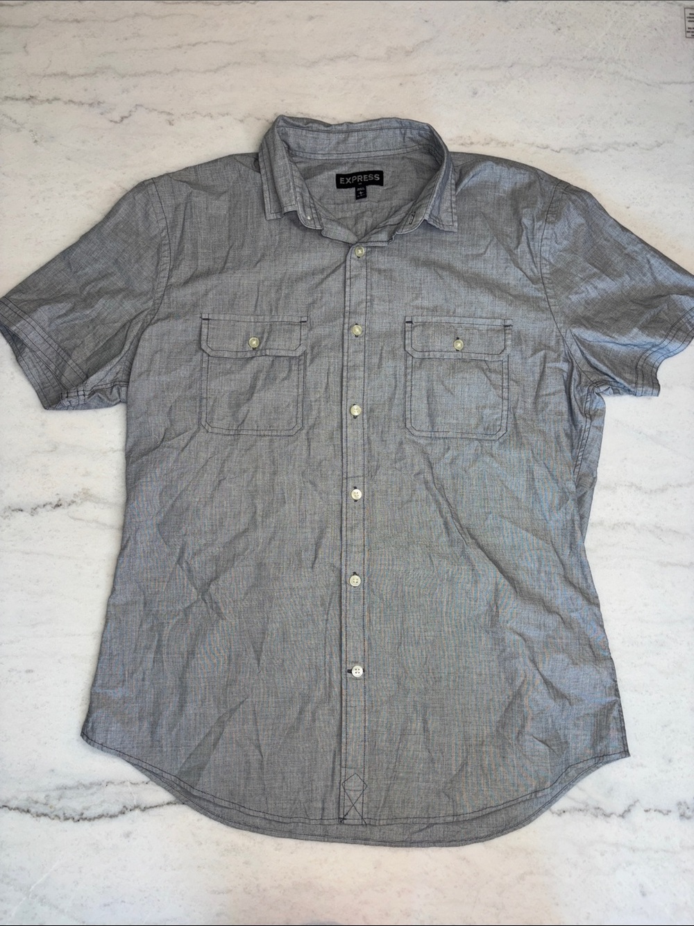 Express Short Sleeve 100% Cotton Button Shirt in Heather Gray LARGE 16-16 1/2